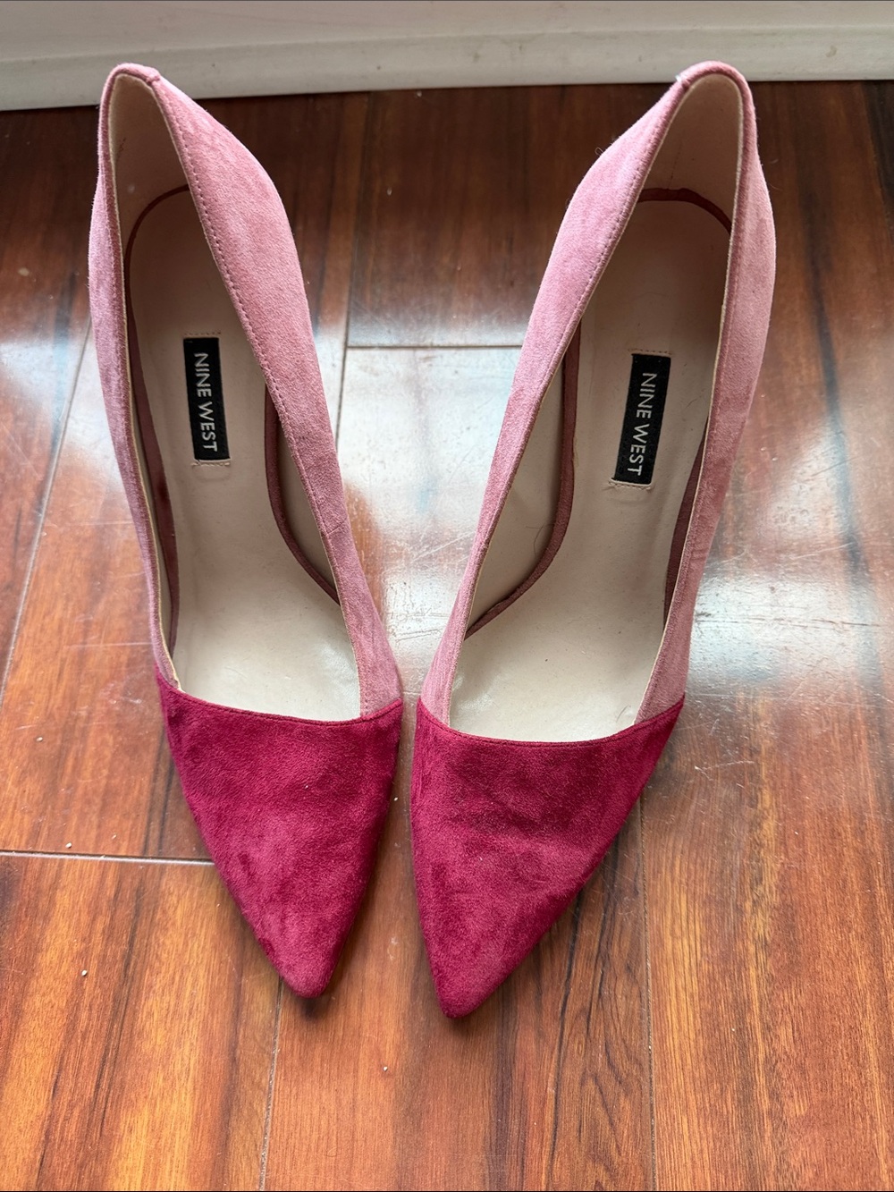 Nine West Two-Tone Rose and Berry Suede Pointed Toe Pumps